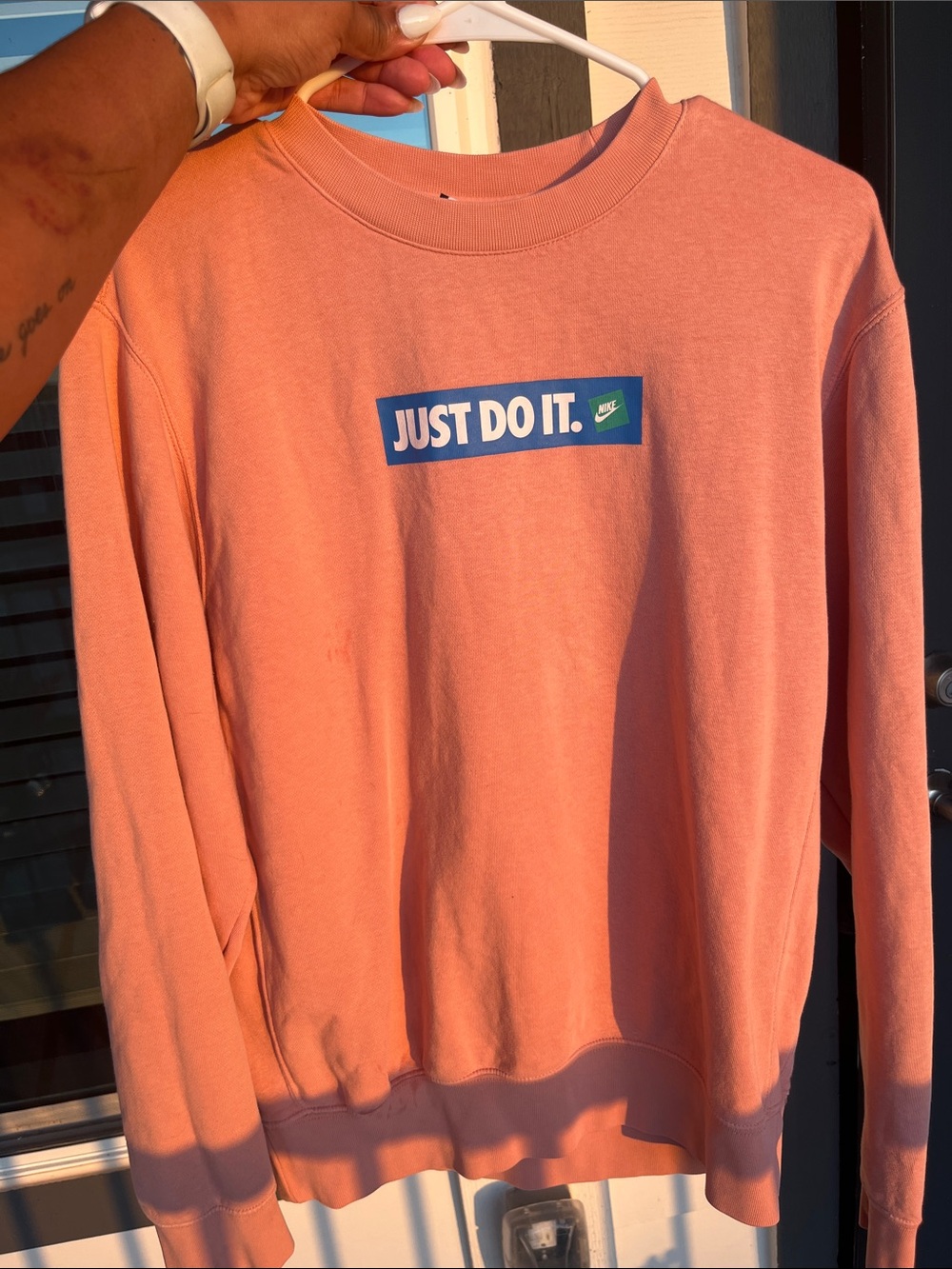 Nike Coral Crewneck Sweatshirt with Blue 'Just Do It.' Patch
